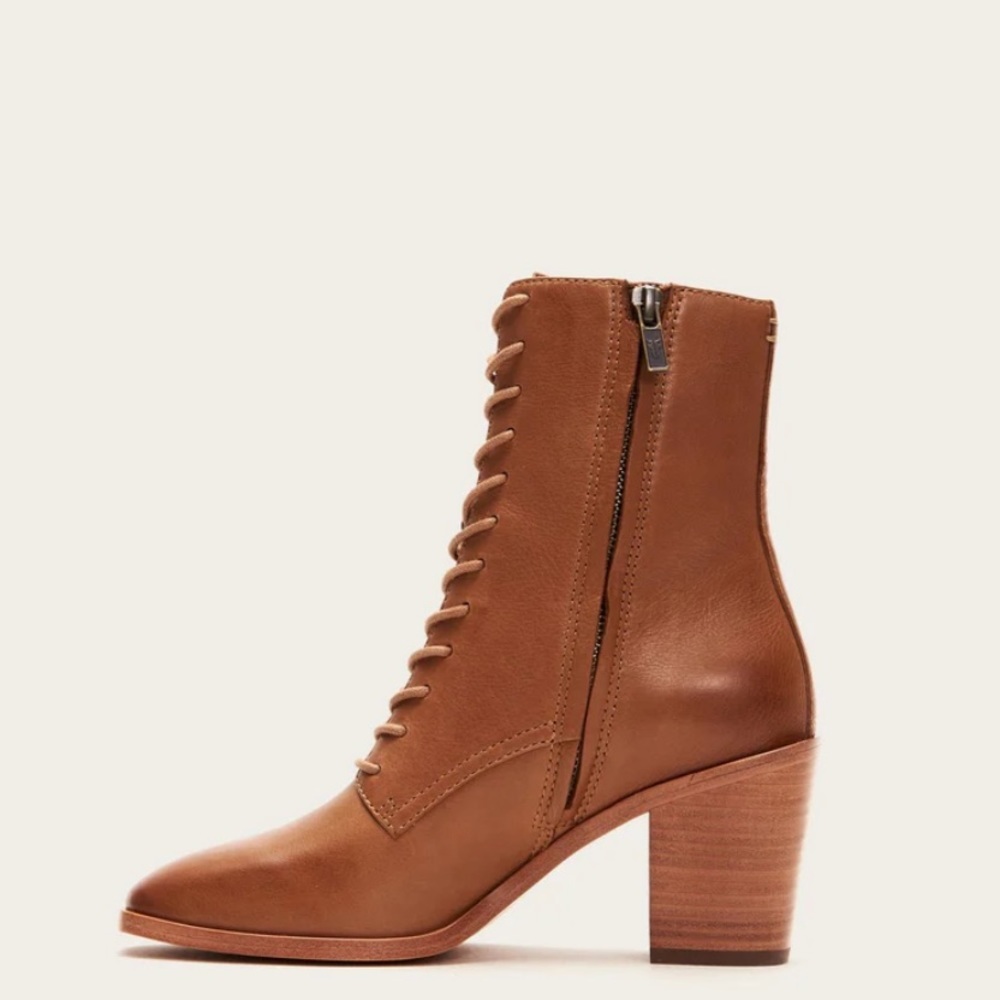 Frye Georgia Lace Up Cognac Brown Leather Almond Toe Vintage Fall Ankle Boot - Picture 4 of 7